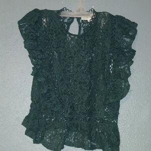 Haute Monde Lace Ruffle Blouse - Dark Green